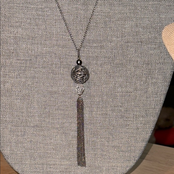 Retired Silpada Sterling Silver Filigree Sphere Crystal Pendant Tassel Necklace